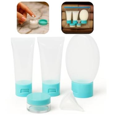 Imagem de Kit Viagem Frascos 5 Peças Azul Pote Necessaire Porta Shampoo Condicionador Creme Hidratante Perfume Sabonete Gel