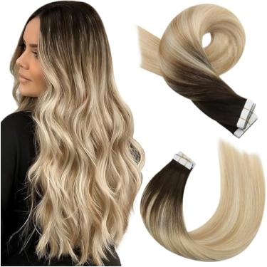 Imagem de Moresoo Extensões de cabelo balayage marrom a caramelo loiro mix com fita loira em extensões de cabelo humano cola em extensões de cabelo real cola em extensões de cabelo ombré 14 polegadas #2/27/613