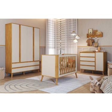 Imagem de Quarto Infantil Completo Theo 3 Peças (1guardaroupa+1berço+1cômoda) Qi110 Off White-amendoa - Peroba