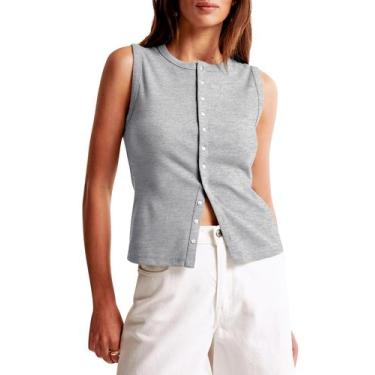 Imagem de Camiseta regata feminina BAIGRAM com botões, canelada, cinza mesclado