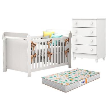 Imagem de Berço Americano Lara E Cômoda Gaveteiro Mel Flat Branco Brilho Com Colchão Gazin - Carolina