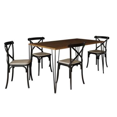 Imagem de Conjunto De Mesa Elen Retangular Tampo De Madeira 140X80Cm Amêndoa Com 4 Cadeiras Katrina Preto