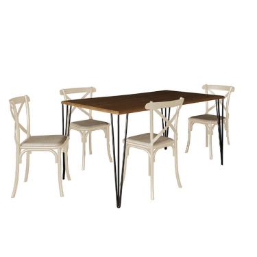 Imagem de Conjunto De Mesa Elen Retangular Tampo De Madeira 140X80Cm Amêndoa Com 4 Cadeiras Katrina Off White
