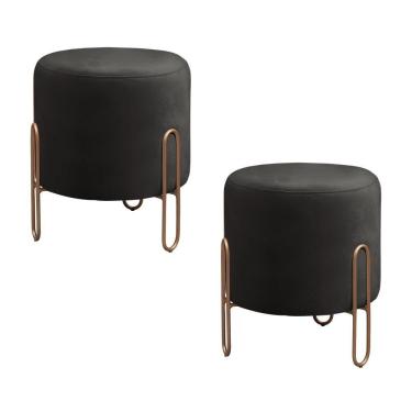 Imagem de Conjunto - 2 Puffs Banqueta Mali Luxo Base Metálica Bronze Corino Preto