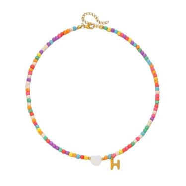 Imagem de Gargantilha feminina com contas de ouro 18 quilates - pingente de letra colorida de aço inoxidável impermeável - joia com pingente de alfabeto personalizado - Presente personalizado delicado para