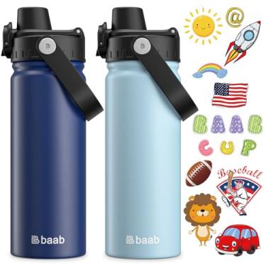 Imagem de baab Garrafa de água infantil de 510 g, garrafa de água infantil isolada com tampa de bico bloqueável e adesivos, copo de água infantil à prova de vazamento de aço inoxidável 18/8 com alça para escola