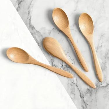 Imagem de Colheres de madeira de 4 peças, projetadas para mexer mel e chá, feitas de material de madeira resistente, possui um acabamento suave para facilitar a limpeza, 14 cm