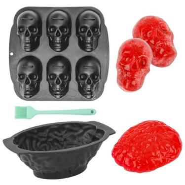 Imagem de SUPXYC Molde de silicone para forma de bolo de caveira de Halloween, moldes de caveira de silicone com pincel, molde de silicone para cérebro, caveiras, moldes de silicone, Dia das Bruxas para