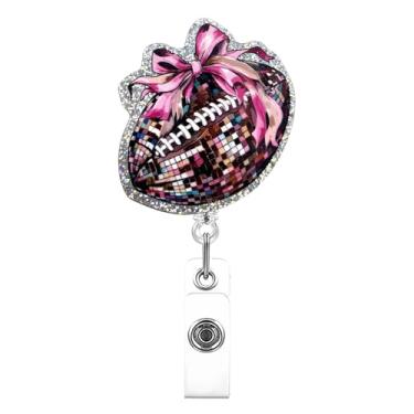 Imagem de Porta-crachá de acrílico colorido de futebol com laço rosa com glitter Buddy retrátil para identidade, carretel de crachá, clipe jacaré para fãs de futebol, enfermeiros, professores, trabalhadores de