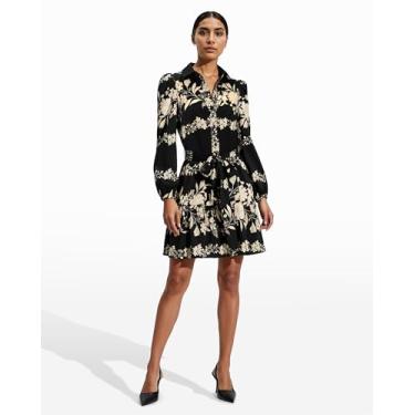 Imagem de Anne Klein Vestido feminino de cetim estampado em camadas de manga comprida, Anne Black Multi, 50