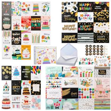 Imagem de Azhwhl 60 cartões de aniversário sortidos com envelopes e adesivos, cartões de aniversário em branco a granel 10 x 15 cm, cartões de feliz aniversário para crianças, homens, mulheres (tipo B)