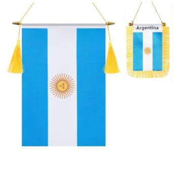 Imagem de Pacote com 2 bandeiras de parede da Argentina, mini bandeira argentina pendurada na janela do carro, acabamento acetinado, tecido resistente, bandeiras patrióticas para decoração de espelho retrovisor