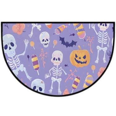 Imagem de Tapete de porta meio redondo, caveira, abóbora, roxo, antiderrapante, absorvente, semicírculo, tapetes laváveis, meia lua, tapetes para ambientes internos, pátio, cozinha, banheiro, entrada, lareira