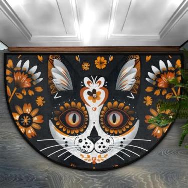 Imagem de Tapete de porta meio redondo mandala de flor de gato, antiderrapante, absorvente, semicírculo, tapetes laváveis, para ambientes internos e externos, pátio, cozinha, banheiro, entrada, lareira