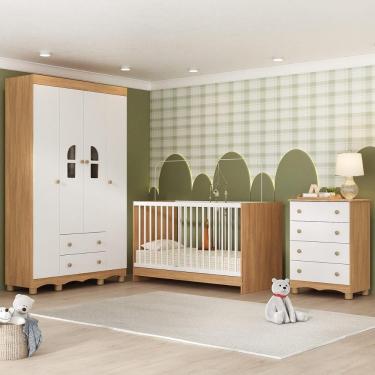 Imagem de Quarto De Bebê Completo Berço 3 Em 1 P-colchão 130x60cm Aurora Multimóveis MP4556 Madeirado-branco