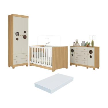 Imagem de Quarto De Bebê Completo Berço Americano 3x1 Colchão Bombom Multimóveis MP4642 Madeirado-off White