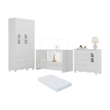 Imagem de Quarto De Bebê Completo Com Berço 3 Em 1 Com Colchão Incluso Aurora Multimóveis MP4576 Branco