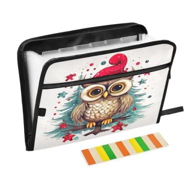 Imagem de Wassud Coruja fofa com chapéu de Natal, 13 bolsos, organizador de arquivos sanfonados, pastas expansíveis com abas e adesivos, organizador de pastas de documentos de recibo de papel tamanho carta A4