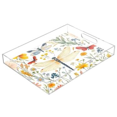 Imagem de STAYTOP Bandeja acrílica para servir flores silvestres e libélulas, 15,7 x 11,20 cm, bandejas decorativas à prova de derramamento, organizador de bancada para café da manhã, chá, comida, maquiagem