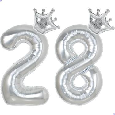 Imagem de 28 balões com números de 101,6 cm prata para decorações de aniversário de 28 anos para homens e mulheres, decoração de aniversário de 28 anos de Mylar gigante para ele e ela