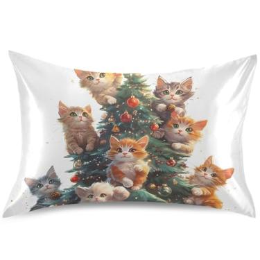 Imagem de Capas de almofada de cetim com estampa de gato gatinho fofo capas de travesseiro padrão king queen capas de travesseiro de cama, tamanho Queen, 76 cm x 50 cm