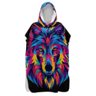 Imagem de TSENQUE Poncho de surfe colorido com cabeça de lobo para adultos trocador de roupas de banho com capuz toalhas de viagem para adultos ponchos para mulheres
