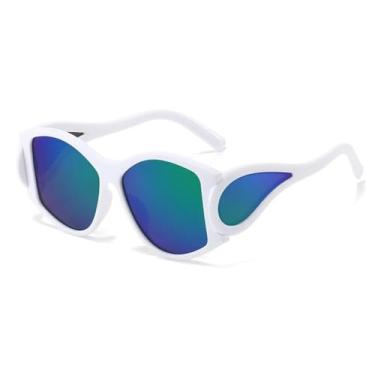 Imagem de HPIRME Óculos de Sol Retrô Oval Feminino Estilo Punk para Uso Externo com Proteção UV400 (Branco e Azul)