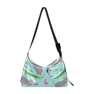 Imagem de Bolsa Hobo Feminina de Couro PU Azul Escuro Bonito Crocodilo Bolsa de Couro Grande Estampa Animal Colorida Bolsa Hobo, Hippopotamus Flamingos Crocodiles