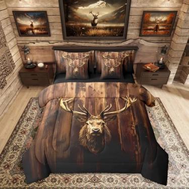 Imagem de Erosebridal Conjunto de edredom Queen com 7 peças, tamanho Queen, rústico, fazenda, de madeira, vida selvagem ocidental, vintage, caça, veado, alce, animais