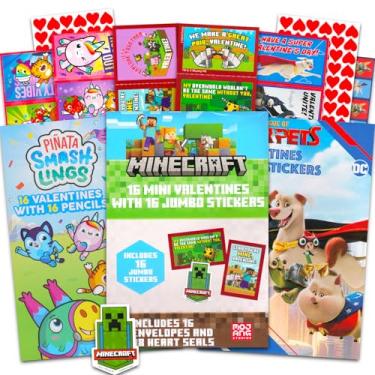 Imagem de Video Game Valentines Party Favors - 48 Valentine's Day Cards Featuring Minecraft and Roblox Pinata Smashlings with Stickers for Kids Plus DC Super Pets | Minecraft Valentine Cards for Classroom Party