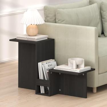 Imagem de Furinno Mesa lateral BOYATE, mesa de canto em forma de vale, com níveis em camadas e suporte de revistas, para sala de estar, café expresso