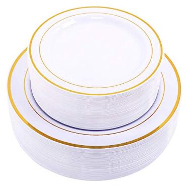 Imagem de WDF 60 peças de pratos de ouro branco descartáveis – pratos de plástico dourado, incluindo jantar de ouro de 76 a 26 cm e salada/sobremesa de 76 a 19 cm para o Dia de Ação de Graças