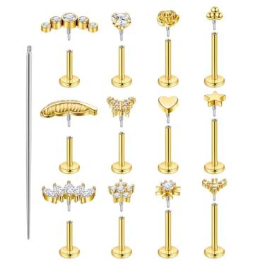 Imagem de YOVORO 12 peças 16G 18G 18K ouro 18 K brincos de pino para mulheres anel de nariz de aço cirúrgico rosca interna brincos de cartilagem hipoalergênico minúsculo CZ tragus helix labret piercing de nariz