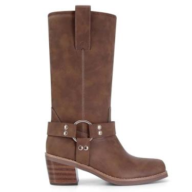Imagem de MICIFA Botas de equitação femininas de bico quadrado, caubói, cowgirl, sem cadarço, cano médio, motociclista, salto grosso, botas de motociclista ocidentais com tachas, Marrom, 39
