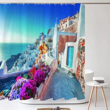 Imagem de Cortina de chuveiro com impressão 3D de paisagem de jardim rural mediterrâneo rural cortina decorativa de tecido impermeável com ganchos 72 x 84 pol. - 182 x 214 cm/L x A cortina de chuveiro rústica