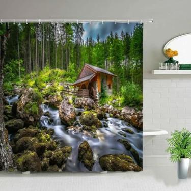 Imagem de Cortinas de chuveiro paisagísticas modernas cenário natural floresta árvores riacho cachoeira para cortina de banheiro ganchos de tecido impermeável 180 x 180 cm/LxA cortinas de chuveiro longas
