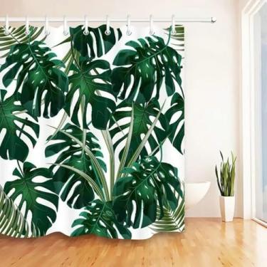 Imagem de Conjunto de cortina de chuveiro com folhas verdes de plantas tropicais 3D, tecido natural moderno, impermeável, decoração de casa, cortinas de banheiro 180 x 300 cm/LxA, antimofo