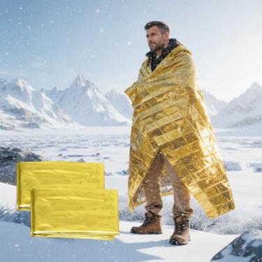 Imagem de Cobertor térmico de emergência, 2 peças, cobertor espacial de filme de alumínio refletivo para acampamento, caminhada, equipamento de sobrevivência, folha de isolamento dobrável leve dourada (210 x