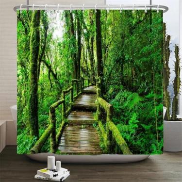 Imagem de Cortinas de chuveiro com estampa 3D floresta paisagem natural impermeável cortina de banheiro paisagem árvore tecido poliéster 157x67in-400x170 cm/LxA cortina de chuveiro