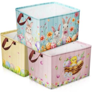 Imagem de Geelin 3 cestos de armazenamento de Páscoa, 38 x 28 x 23 cm, grande caixa dobrável de armazenamento de Páscoa com alça de coelho, ovos, flores, organizador dobrável à prova d'água para brinquedo de