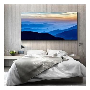 Imagem de Quadro de parede paisagem montanha azul esfumaçado impressão de arte em tela pôster moderno natureza para sala de estar cama decoração de casa - (72 x 142 cm) moldura interna de 71 x 142 cm