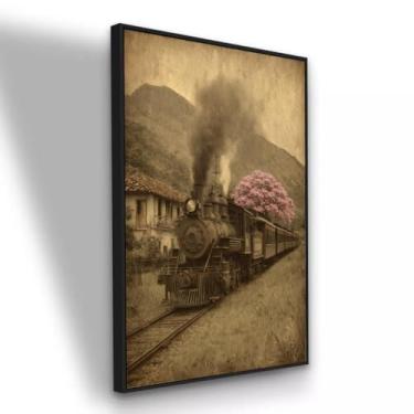 Imagem de Quadro Canvas Trem Antigo Com Ipê Rosa 120x80 cm com Moldura Preta