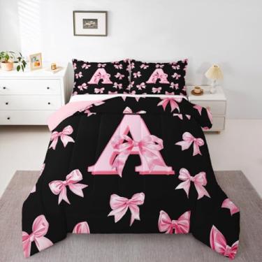 Imagem de Erosebridal Jogo de cama infantil com laço rosa fofo, tamanho Queen, conjunto de edredom com letra A, letra A, com laço de coquete, monograma, 3 peças
