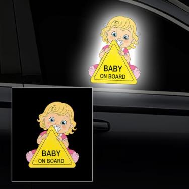 Imagem de Iprokiu Adesivo refletivo de desenho animado bebê a bordo para carro à prova d'água fofo menino menina bebê no carro decalque sinal de aviso de segurança crianças a bordo adesivo de para-choque de