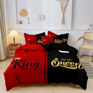 Imagem de ZIRANSHU Conjunto de cama para casal – King, presente romântico para o dia dos namorados, capa de edredom Queen e King I'm His/I' Her Conjunto de cama vermelho e preto para amantes (sem núcleo e