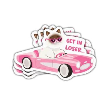 Imagem de 3 peças adesivo de gato sarcástico engraçado gato dirigindo rosa carro presente para amantes de gatos Get in Loser adesivos animal condução humor carro decalque para laptop garrafa caderno caixa de