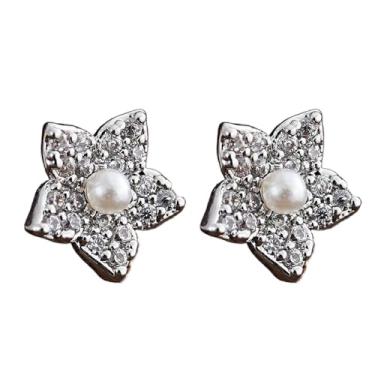 Imagem de Niaspi Brincos de pérola de flor para mulheres de aço inoxidável cristal strass floral parafuso atrás cartilagem tragus brincos delicados piercing orelha joia, 20G, Aço inoxidável Zircônia cúbica, Sem