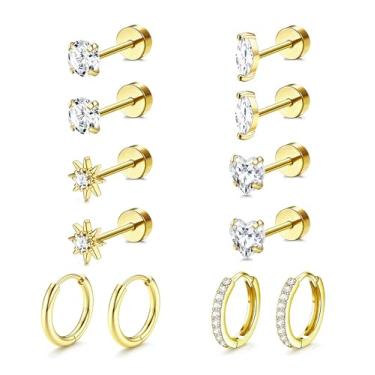Imagem de Incaton Brincos femininos hipoalergênicos banhados a ouro 14 k, aço inoxidável cirúrgico, costas planas, conjunto de brincos pequenos de argola plana para orelhas sensíveis, piercing de cartilagem
