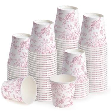 Imagem de WRAPAHOLIC Copos de papel de 85 g – Pacote com 100 copos de banheiro descartáveis com design floral vermelho de vaso sanitário, copo pequeno para enxágue bucal para escova de dentes, banheiro