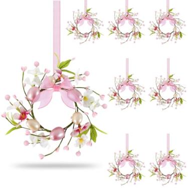Imagem de 8 grinaldas de Páscoa pequenas para armário de cozinha, mini guirlanda artificial de flor de ovo de Páscoa para porta da frente, primavera, verão, guirlanda pendurada com fita rosa para decoração de